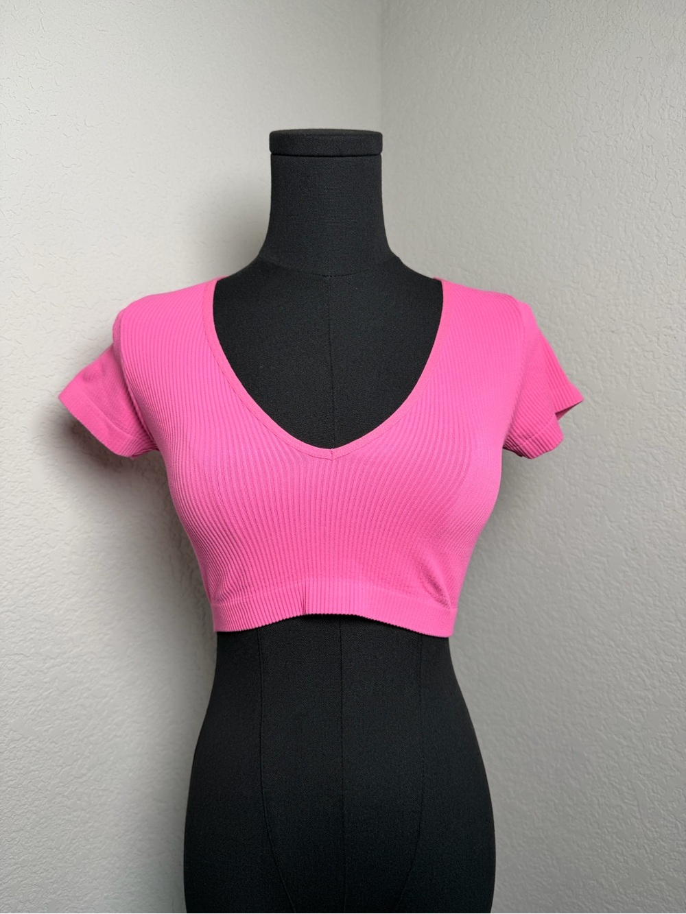 Garage Vibrant Pink Ribbed V-Neck Crop Top
